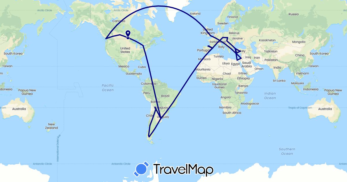 TravelMap itinerary: driving in Argentina, Canada, Cyprus, Czech Republic, Egypt, Spain, United Kingdom, Hungary, Iran, Poland, Turkey (Africa, Asia, Europe, North America, South America)